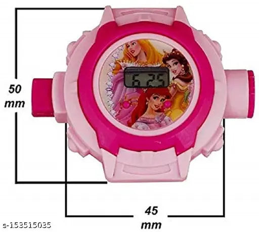 Princess Barbie themed digital watch with Princess Aurora from Sleeping Beauty and Spider-Man characters on pink plastic band