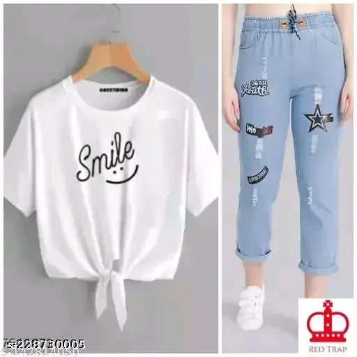 Denim lycra smile t-shirt & light jogger jeans combo pack 2 - unique fashionable casualwear, printed design on Indian-made denim