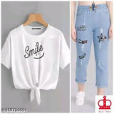 Denim lycra smile t-shirt & light jogger jeans combo pack 2 - unique fashionable casualwear, printed design on Indian-made denim