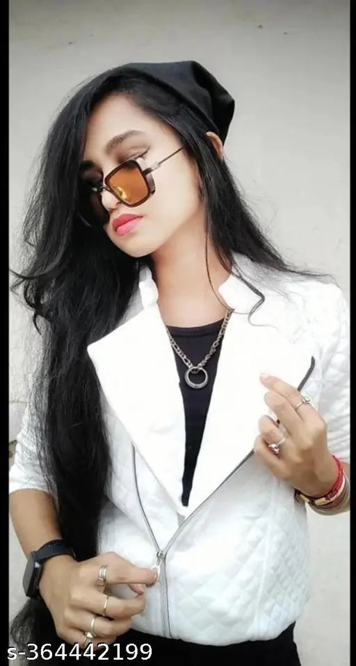 White wool side zipper jacket, stylish and long-sleeved for women or girls, solid pattern from India