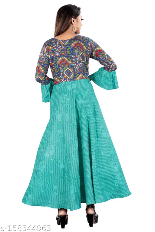 Printed designer kameez with ruffled sleeves, blue and green floral pattern