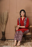Maroon Kalamkari Rayon Kurta Palazzo Set - Solid, three-quarter sleeve traditional Indian outfit for women, pack of 3 sizes (M-XXXL/44in) from India