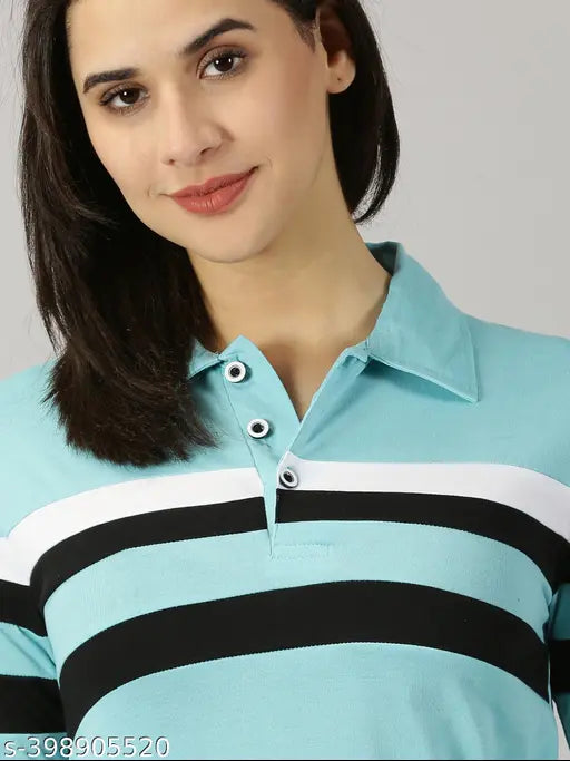 Aqua Blue cotton blend full sleeve polo t-shirt for women, featuring printed net pattern, perfect for casual wear or pairing with bottoms