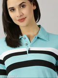 Aqua Blue cotton blend full sleeve polo t-shirt for women, featuring printed net pattern, perfect for casual wear or pairing with bottoms
