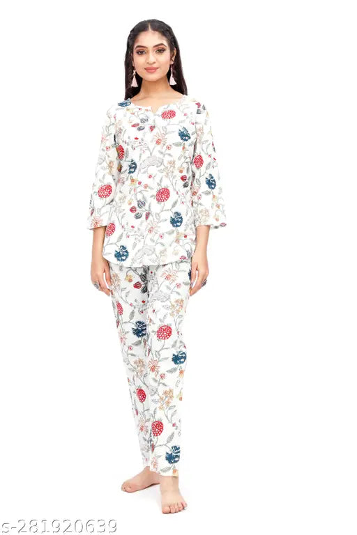 Vibrant vegetable block print, 100% pure cotton nightwear coord set for women and girls. Top and bottom pyjamas with three-quarter sleeves, wholesale rate from Jaipur Export