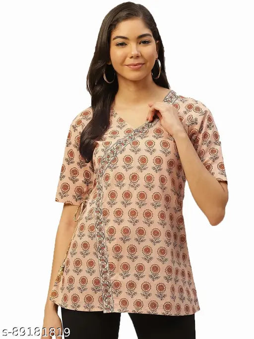 Beige floral print, pure cotton V-neck half sleeve wrap top - stylish women's ethnic wear from Fabric Fitoor