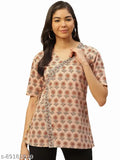 Beige floral print, pure cotton V-neck half sleeve wrap top - stylish women's ethnic wear from Fabric Fitoor