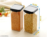 A set of eight transparent airtight kitchen jars, with measurements like 10cm height, 9cm diameter, and 2L capacity