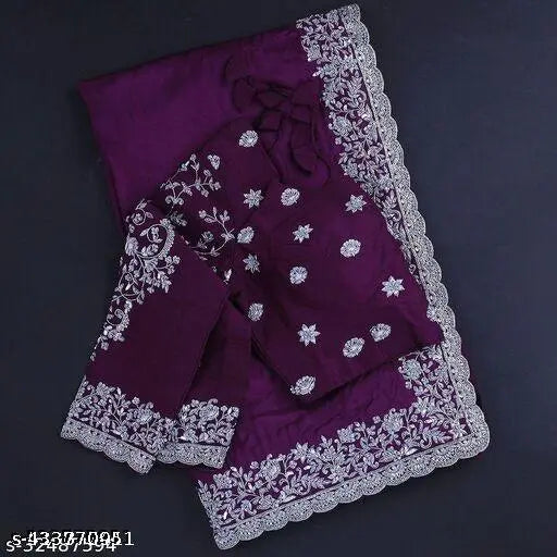 Purple georgette saree with embroidery, unstitched peach blouse
