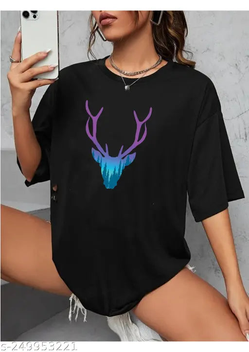 Oversized black t-shirt with a purple deer graphic