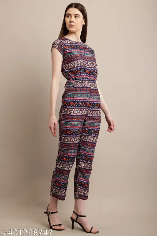 New multi floral print crepe jumpsuit for women & girls, vibrant and trendy, featuring short sleeves