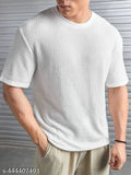 White cotton blend patched waffle knit oversized round neck T-shirt, suitable for boys and men's casual wear