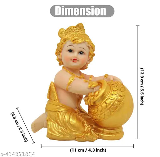 Gold-plated Krishna figurine, ANOKHA SHILPKAR Golden Laddu Gopal with Matki Idol. Resin material, 11cm x 14cm x 6.5cm size. Exquisite home decoration or pooja room item