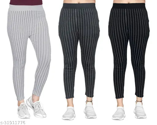 Women's cotton blend printed net slim fit jeggings pack of 3 (Size: 26-36), offering comfort and versatility for casual, formal, or party wear. Elasticized waistband, pockets, and label-free design for added comfort. Made in India
