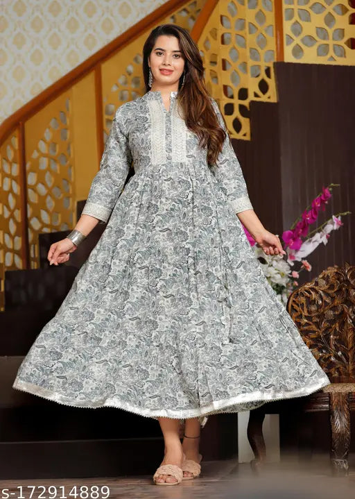 Trendy rayon grey color floral kameez with long sleeves and round neck