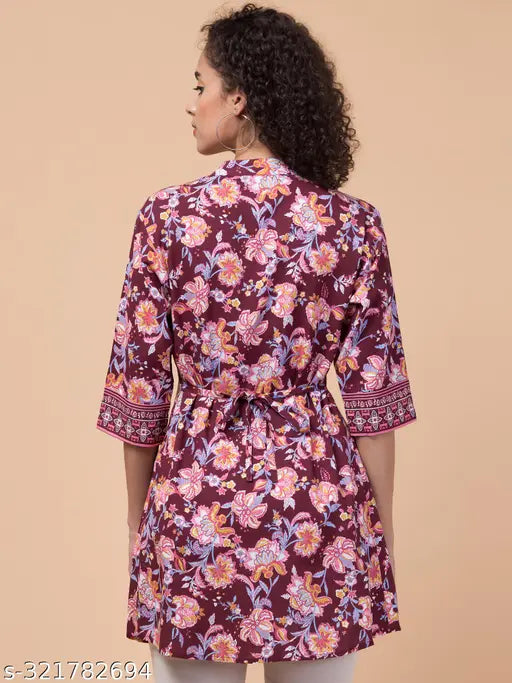 Maroon Rayon Tunic with Front Pleats, 3/4 Sleeves, Mandarin Collar