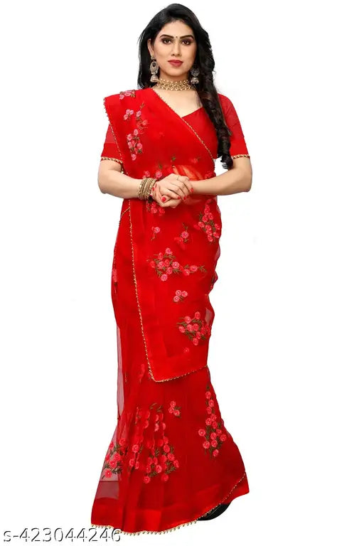 Stunning net floral thread embroidery saree with moti lace border & separate art silk blouse, Indian traditional wear for various occasions