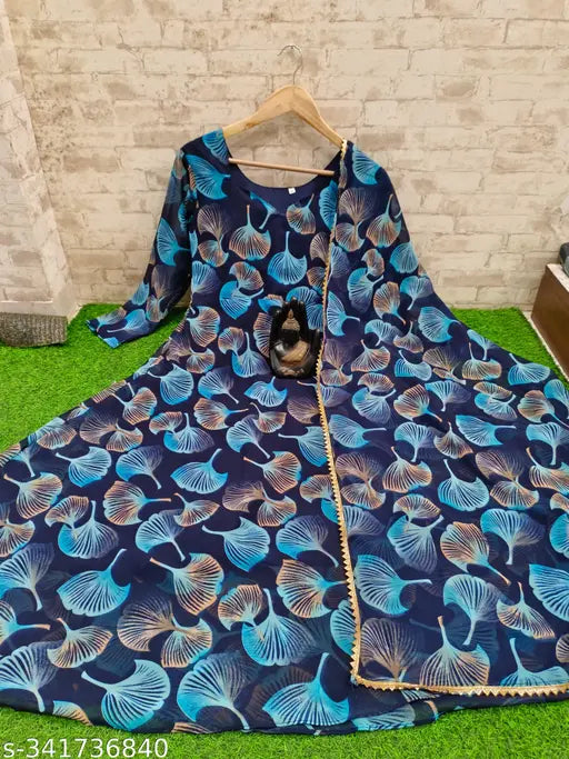 Blue, printed designer gown with dupatta