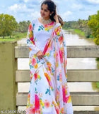 Pink Georgette long-sleeve gown, floral print, Indian-origin party/formal wear for women