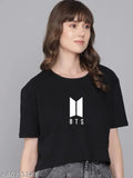Black cotton BTS printed cropped t-shirt for women by VERDON Creations