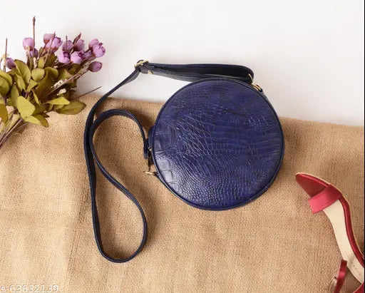 Navy vegan leather croco texture sling bag, round shape, adjustable strap, 12 card slots