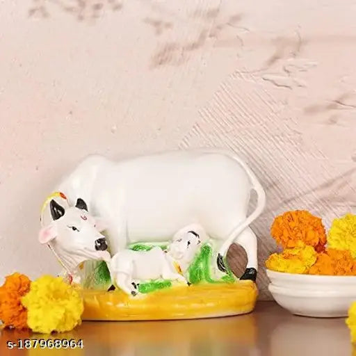 Marble Kamdhenu Cow and Calf statue, Indian decorative showpiece - 16 cm