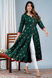 Rayon three-quarter sleeve printed combo dress with kundan and bead detailing, available in sizes S to XXXL. Handcrafted Indian designer dress for women