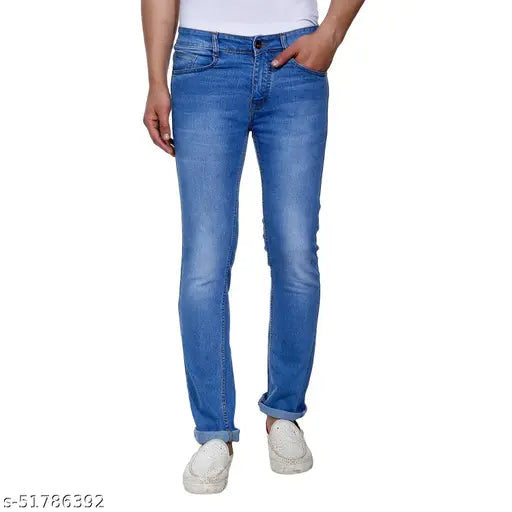 Casual polycotton men's jeans, dyed/washed, slim fit - sizes 30, 32, 34, 36. Indian-made