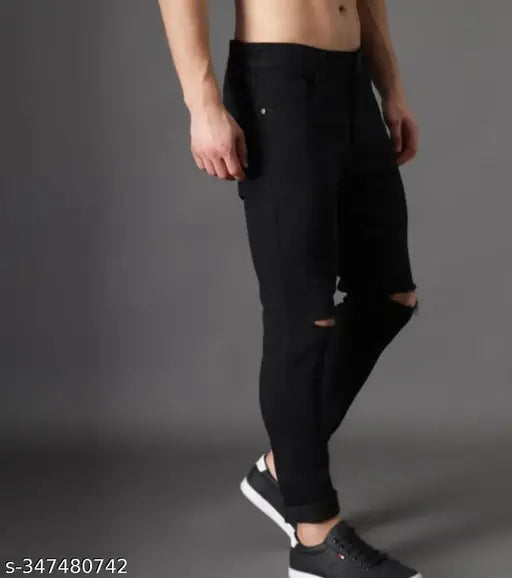 Black denim flaying men's knee-slit jeans, solid design, size 28, 30, or 32 (Indian origin)