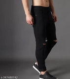 Black denim flaying men's knee-slit jeans, solid design, size 28, 30, or 32 (Indian origin)