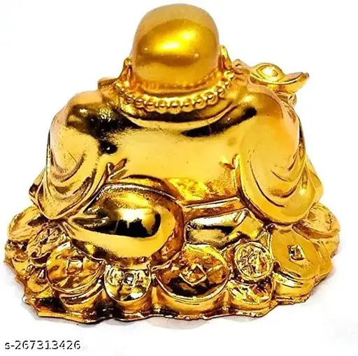 Laughing Buddha statue with golden coins, feng shui luck charm, gold figurine, spiritual good fortune symbol