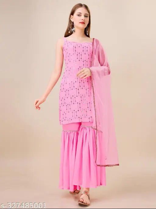 Womens pink embroidered sharara suit with matching dupatta