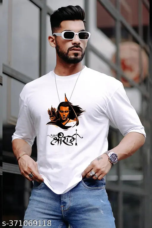 White cotton blend off-shoulder printed t-shirt for men, featuring intricate Ram Ji design on sleeves and chest