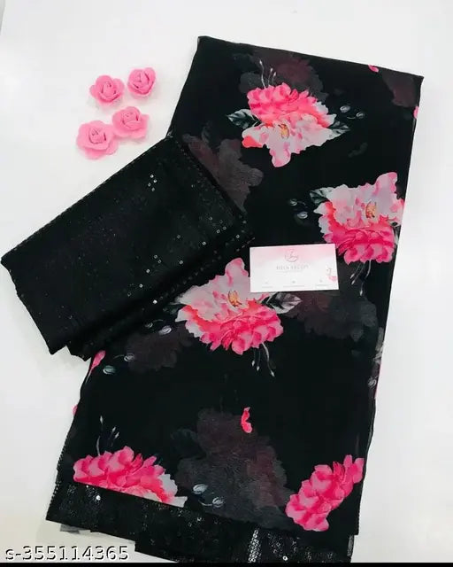 Black, floral patterned silk saree