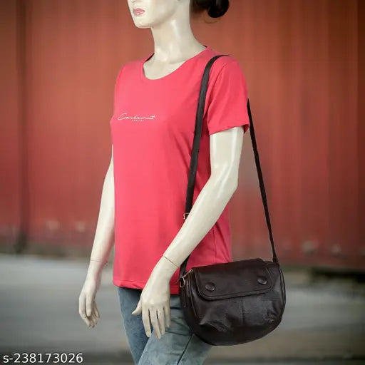 Red cotton sling bag with brown straps