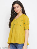 Mustard cotton women's embroidered casual top, soft & breathable for office or casual wear