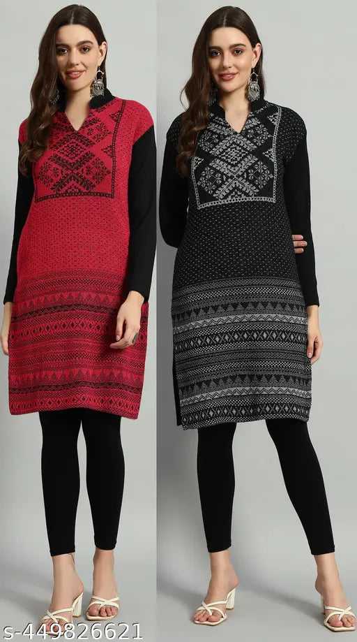 Two women's wool kurta sets in solid colors, perfect for formal wear