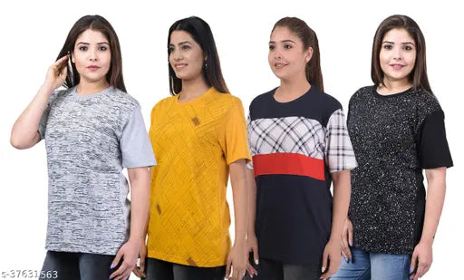 The image displays four women wearing different styles of trandy T-shirts. The shirts feature a mix of colors, including black and white, and come in various sleeve lengths such as short-sleeved and long-sleeved. The text on the image confirms that these are "SHAUN Women Trandy TShirt in Loose Fit" available in different styles, suitable for women who love trandy fashion