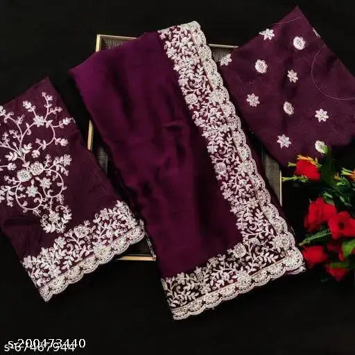 Georgette embroidered purple sari with separate dupion silk blouse, elegant Indian party wear for women