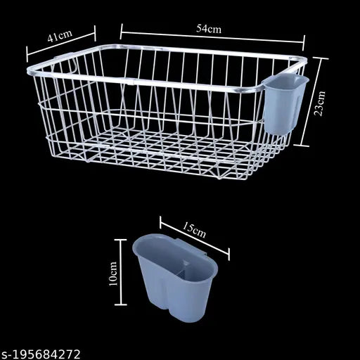 Silver metal dish drainer rack with one spoon holder, kitchen