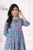 Cotton floral printed Anarkali Kurta, three-quarter sleeves, vibrant Indian fashion on mannequin