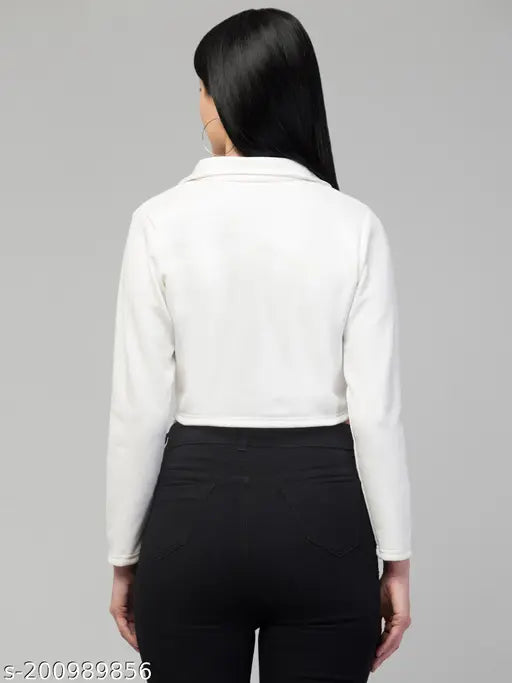 White suede women's double-breasted casual crop blazer with lapel collar and long sleeves, crafted in India