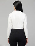 White suede women's double-breasted casual crop blazer with lapel collar and long sleeves, crafted in India