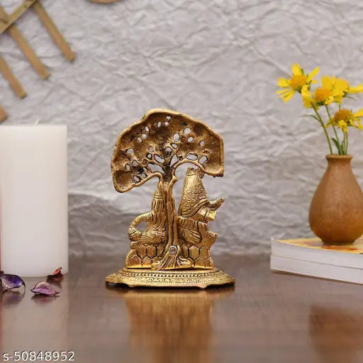Gold oxidized Crafticia Metal Lord Radha Krishna idol with flute under tree, 14X7.5X19 cm (Positive impact: Vastu-compliant religious showpiece for wealth, health, peace, and happiness)