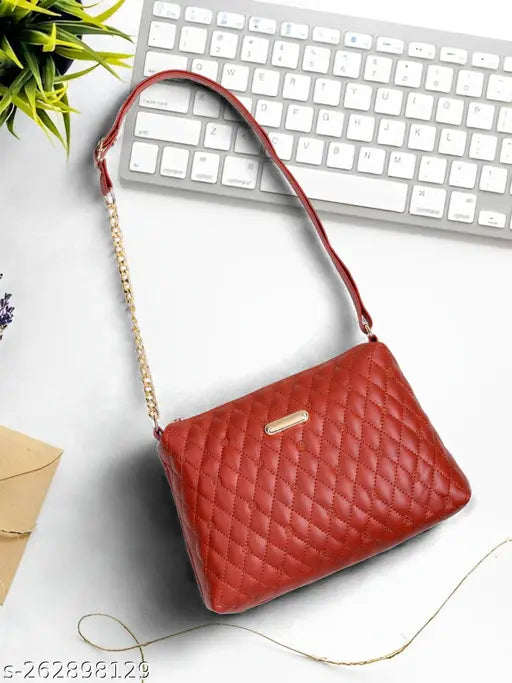 Red leather quilted women's slingbag