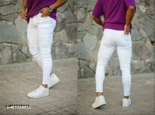 White cotton blend lycra slim fit stretch pants for men - comfortable, stylish, and breathable trousers for casual wear