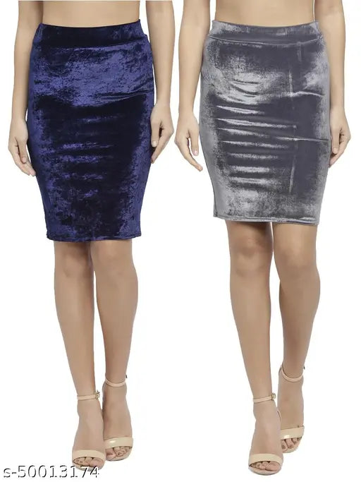 Navy blue/grey velvet high waist versatile pencil skirt pack of 2 - Effortlessly feminine, versatile velvet skirts for work or special occasions, custom fit with wide elastic band and back slit