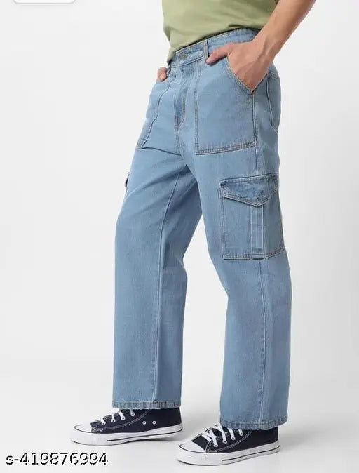 Mens oversized light blue cargo jeans with six pockets, solid denim for men's fashion, size 28/30/32, made in India on mannequin