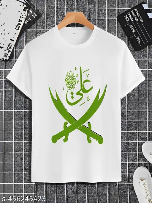 Men's polyester Allah t-shirt with printed design, featuring the name 'Ali'. Short sleeves, available in S, M, L, XL, XXL sizes