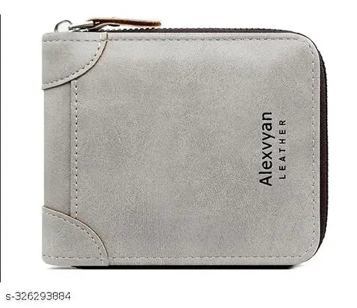 Grey leather bifold men's wallet with 2 pockets and 5 card slots, perfect for boys, gents, or male accessory